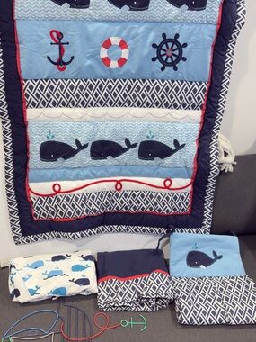Nautical Whales baby crib bedding set - New see details